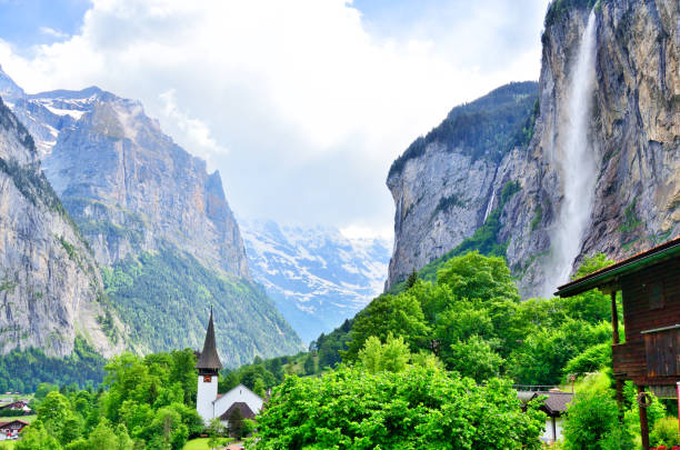 Amazing touristic alpine village, Lauterbrunnen in swiss alps, Switzerland