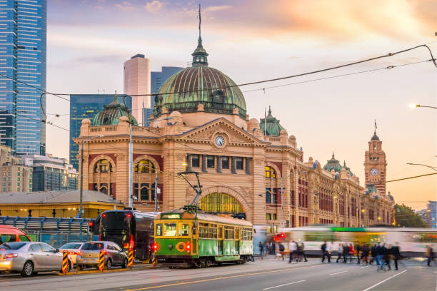Melbourne Flinders Street Train Station in Australia at sunset