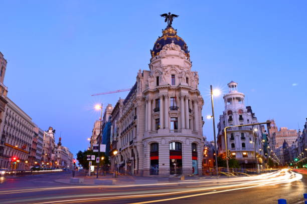 cityscape at Calle de Alcala and Gran Via, main shopping street in Madrid, Spain, Europe.