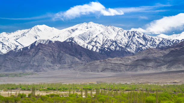 Landscaping of a town in Ladakh, one of the region of northern India. In a background showing The Himalayas mountain range with clear sky