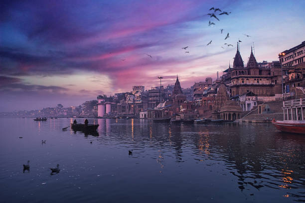 Varanasi's beautiful landscape on river Ganges whit colorful sky