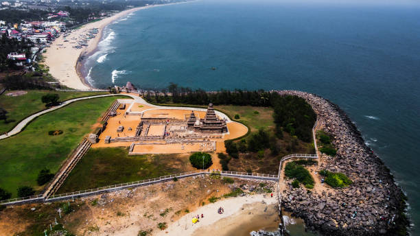 Arial view of Shore Temple of Mahabalipuram. The Shore Temple is so named because it overlooks the shore of the Bay of Bengal. It is located near Chennai in Tamil Nadu.
