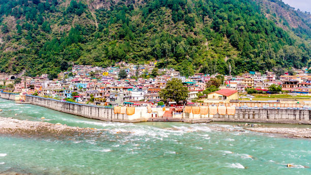 An aerial view of Uttarkashi town along the Bhagirathi river (Ganga river)