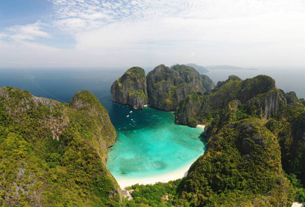Aerial view Maya Bay popular landmark in Phuket, Thailand.