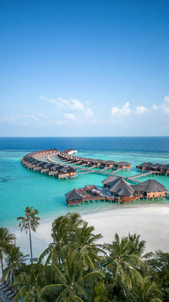 Maldives hotel beach resort on tropical Island with aerial drone view