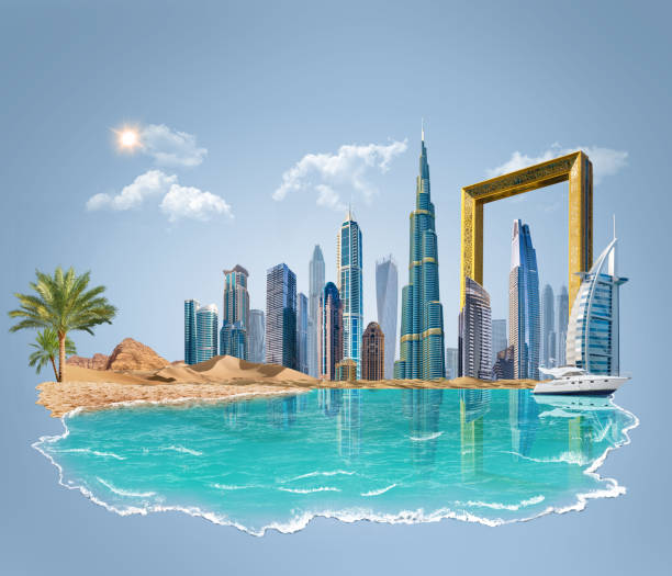 3d illustration of Dubai beach isolated. beach mock up. urban skyline on background, sea waves.