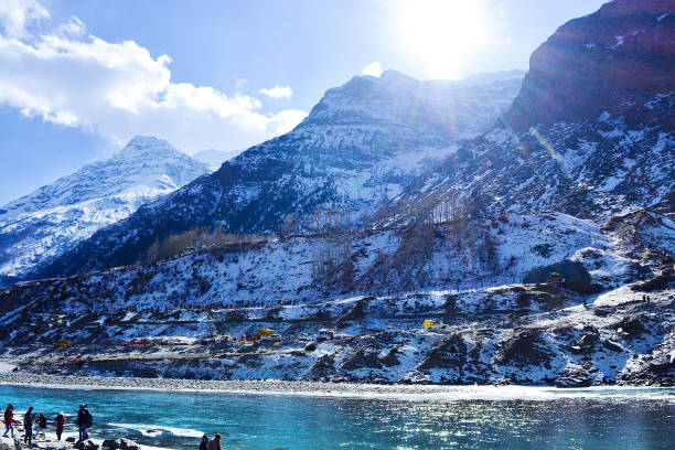 Snowee Mountain and the blue frozen water of Sissu Valley from Manali, Hiamchal Pradesh
