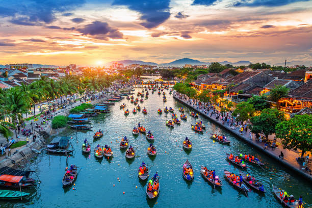 Aerial view of Hoi An ancient town at twilight, Vietnam.