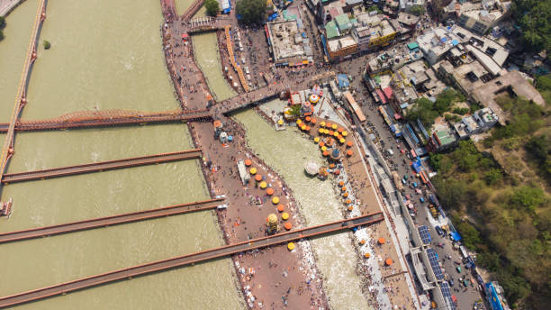 Aerial view of Har ki pauri is a famous ghat on the banks of the ganges in haridwar, India