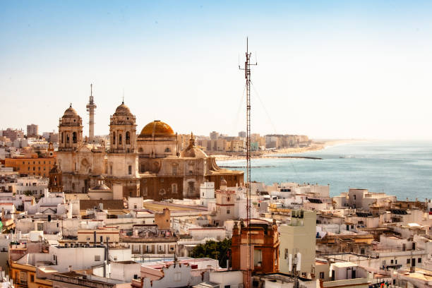 Aerial view of Cadiz showing Cathedral and coast