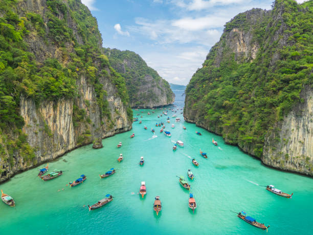 Aerial view of Phi Phi islands Travel Landmark of Krabi Phuket, Thailand. Drone POV fly over Pileh Lagoon with traditional long-tail boats floating on stunning turquoise waters. Maya beach natural popular destination for tourists in summer holidays.