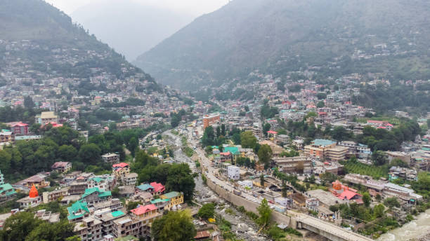 Aerial view of kullu town and himalayan mountain at kullu valley in himachal pradesh India.