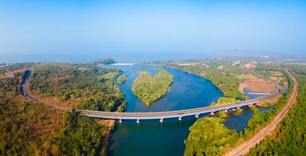 Talpon river and Talpona beach aerial panoramic view at sunset. Galgibaga or Galgibagh beach is located near the Palolem beach in South Goa in India.
