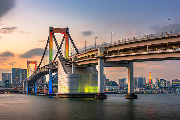 Tokyo, Japan skyline panorama with Rainbow Bridge and Tokyo Tower at dusk.