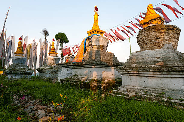 Prayer flags and stupas in the evening, second oldest monastery in Sikkim,Tibet, North East India, Asia.