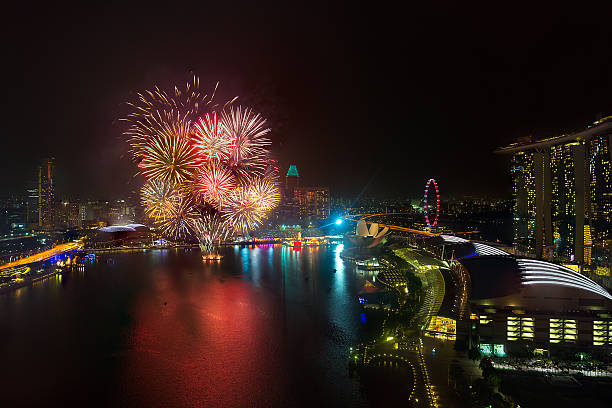 A view (2 combined shots) of the New Year's fireworks display in Marina Bay, Singapore