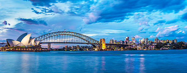 Sunset in Sydney with Harbour Bridge and Sydney Opera House in the background.