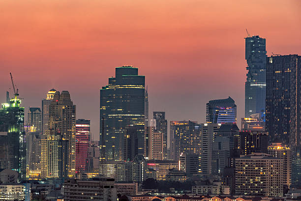 Architecture of modern office buildings, condominium in big city downtown at sunset