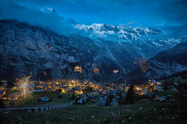 Switzland's National Day Celebration in the Village of Murren high up in the Lauderburnen Valley' On the Cable car route up to the Schilthorn Mountain. And Piz Gloria used in the James Bond Film. On Her Majesty's Secret Service.