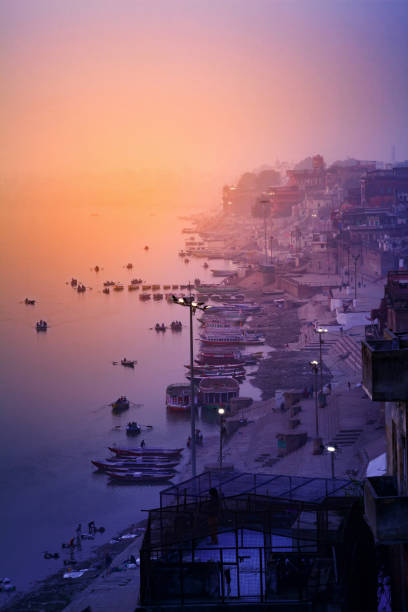 Varanasi, India - December 14, 2015 : Ghats (Banks) on the Ganges River, Hindu holy city on Ganges Ganga, Varanasi, Banaras, Uttar Pradesh, India.