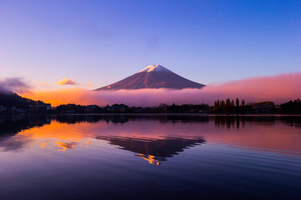 Mountain Fuji at winter morning with reflection on the lake Kawaguchi, Japan