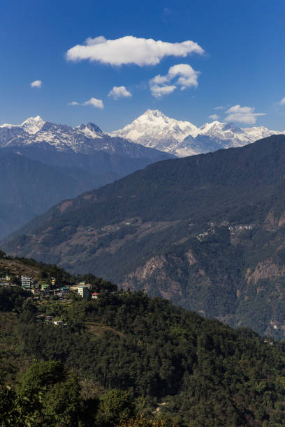 Kangchenjunga mountain with clouds above and mountain's villages that view in the morning in Sikkim, India
