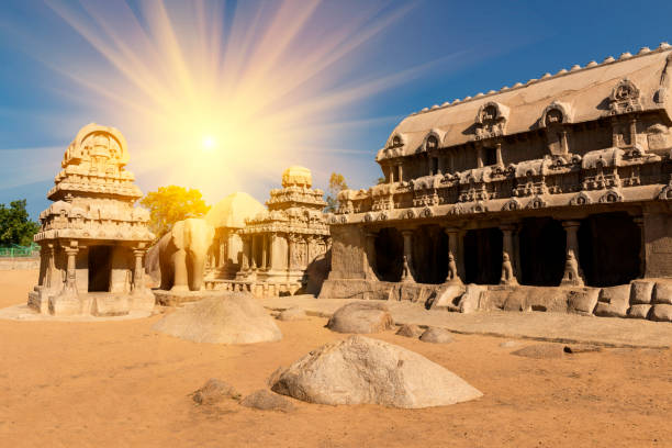 Shore temple at sunset sky in Mamallapuram, Tamil Nadu, India