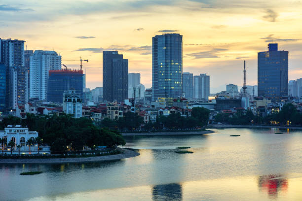 Aerial skyline view of Hanoi. Hanoi cityscape at twilight at Hoang Cau lake