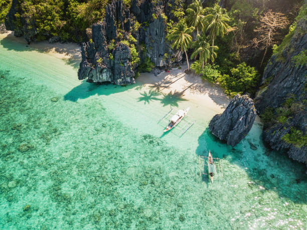 Beautiful Entalula Island Beach Lagoon with typical filipino Balangay Boats. Aerial Drone Point of View. Bacuit Bay, Mimaropa, El Nido, Palawan, Philippines, Asia